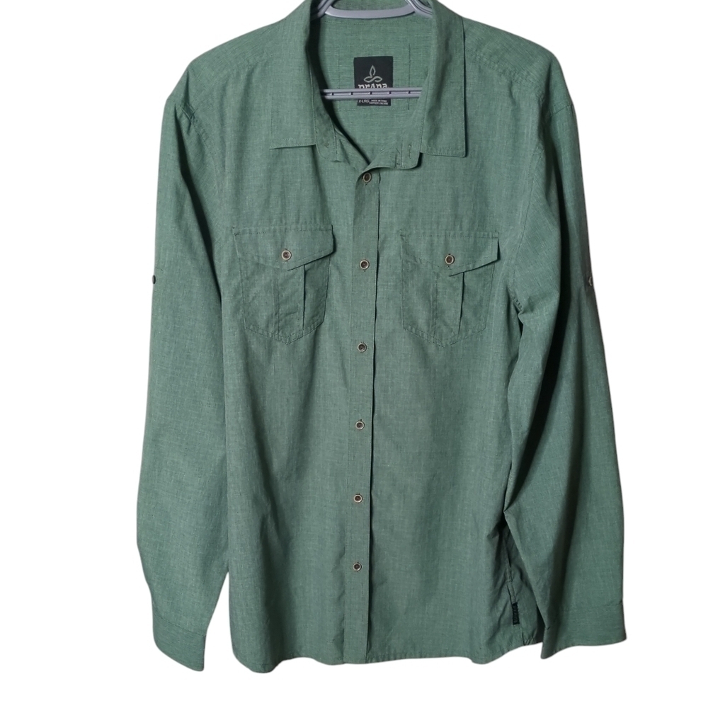 Prana Ascension Button Down Athleisure Shirt Dark Olive Size XL Regular